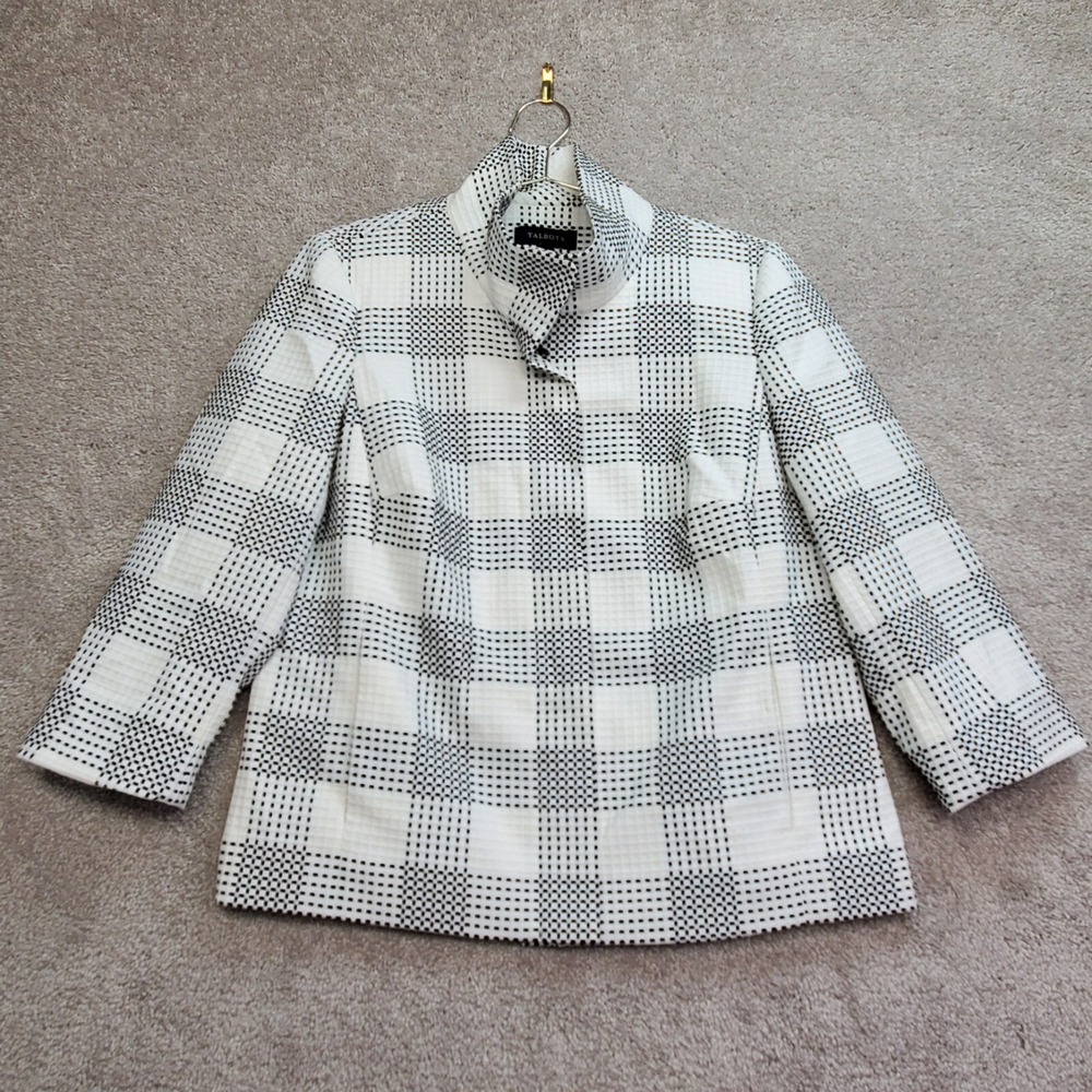 Talbots Jacket Blazer Womens 12 Black White Plaid Office Career Academia Stretch